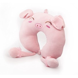 Mango Steam 19" Animal Travel Pillow with Waving Ears - Soft Plush Neck Support for Kids - Pig, Pink