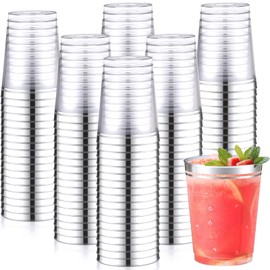 Jingmore 150 Pcs 10 oz Silver Plastic Cups Clear Plastic Cups for Party Double Silver Rimmed Disposable Wine Glasses Cocktail Glasses for Wedding, Thanksgiving, Christmas, Birthday and Parties