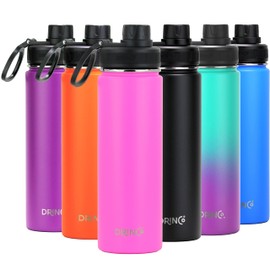 DRINCO Stainless Steel Water Bottle Spout Lid Vacuum Insulated Double Wall Water Bottle Wide Mouth (40oz 32oz 22oz 18oz 14oz) Leak Proof Keep Cold Sport Camping Hiking (22 oz, 22oz Island Pink)