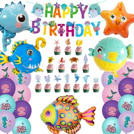 Pack of 50 Underwater World Children's Birthday Decoration - Ocean Animals Birthday Song, Happy Birthday Banner, Sea Animals Decoration, Sea Animal Balloons, Underwater World Party Birthday Party for