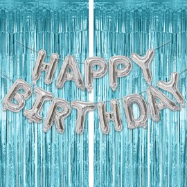 2PCS Blue Tinsel Foil Fringe Curtains Decorations with Silver Happy Birthday Balloons Banner, Glitter Foil Curtain Backdrop Door Streamers Foil Letter Balloons for Boys Men Blue Birthday Decorations