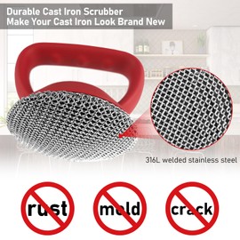 Cast Iron Scrubber with Handle, Upgarded Chainmail Scrubber for Cast Iron Pans, 2.6mm Fine Chain Mail Cast Iron Scrubber Brush, 316L Cast Iron Skillet Cleaner for Cast Iron Cleaning