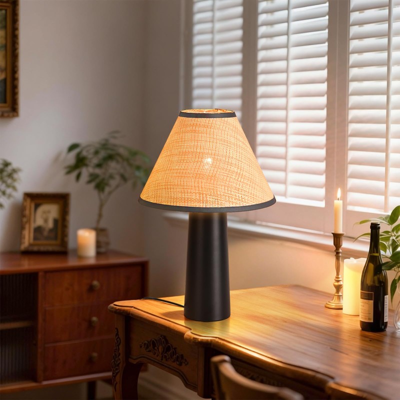 Matte Black Rattan Table Lamp for Bedroom, Modern Wicker Lamps