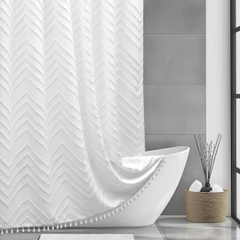 84 Inches Extra Long White Boho Shower Curtain With Tassel, Tall Boho Tufted Chevron Fabric Shower Curtains for Bathroom, Modern Minimalist Striped Elegant Shower Curtain, Wrinkle Free, White, 72 x 84