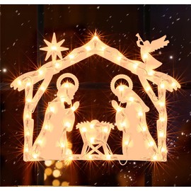 JUSTPRO Christmas Window Silhouette Lights, Lighted Nativity Double Sided Decorations with 50 Count Incandescent Mini Light, for Holiday Indoor Wall Door Glass Decor