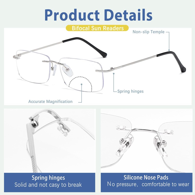 KISSOUL Rimless Bifocal Reading Glasses Transition Photochromic Sunglasses Blue Light