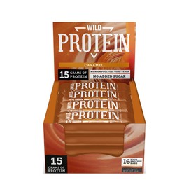 Wild Protein | Barras altas en proteína | Sabor caramelo | Pack de 16 unidades | 15 g de proteína | Sin azúcares ni grasa añadida | 45 g cada barra