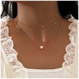 Cimenexe Bohemian Layered Pearl Choker Necklace Tiny Pearl Pendant Necklace Chain Short Pearl Clavicle Necklace Choker Gold Satellite Chain Necklace Jewellery for Women and Girls