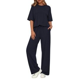 BTFBM 2 Piece Sets For Women Summer Fall 2025 Short Sleeve Wide Leg Lounge Sets Tracksuits Casual Travel Airport Outfits(Navy, Medium)
