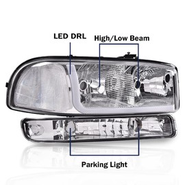 CHEDA Headlights Signal Lamps W/Bumper Compatible with 1999-2007 GMC Sierra/Yukon Clear lens Chrome Housing Clear Reflector LED DRL