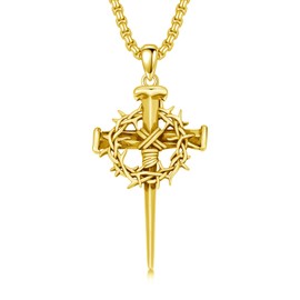 MEIDERBO Nail Cross Necklace 926 Sterling Silver Crown of Thorn Cross Pendant Three Nail Cross Christian Jewelry Gift for Men Women(Gold1)