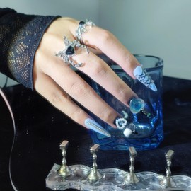 TRENTSNOOK 10 Pcs Handmade Mine Nail Tips Reusable Blue and Black Long Nails, Perfect for Fireworks Displays, Coming of Age Ceremonies, Graduations, Karaoke (M)