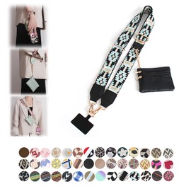 RENUIS Phone Strap with Zippered Pouch, Clip and Go Strap for Phone with Wallet Crossbody, Adjustable Crossbody Phone Strap(Bohemian Black Green)