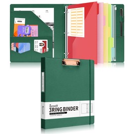 Eyrozill Professional Leather Binder Portfolio with Clipboard, Zipper Pouch, 5 Sheets Plastic Dividers，Leather 3 Ring Binder 8.5 x 11, 1-inch Round Rings, Professional Binder Organizer, Green