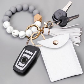 UpUDo Keychain Bracelet Wristlet, Silicone Beaded Key Ring Bracelet with Card Wallet, Elastic Keyring Bangle for Womens