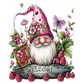 gnome Welecome Sign Paint by Number Kits 16 x 20 inch Canvas DIY Raspberry Flowers Painting Kits for Adults Beginners Autumn Door Sign Decor Paint by Numbers Butterfly for Home Decor(Without Frame)