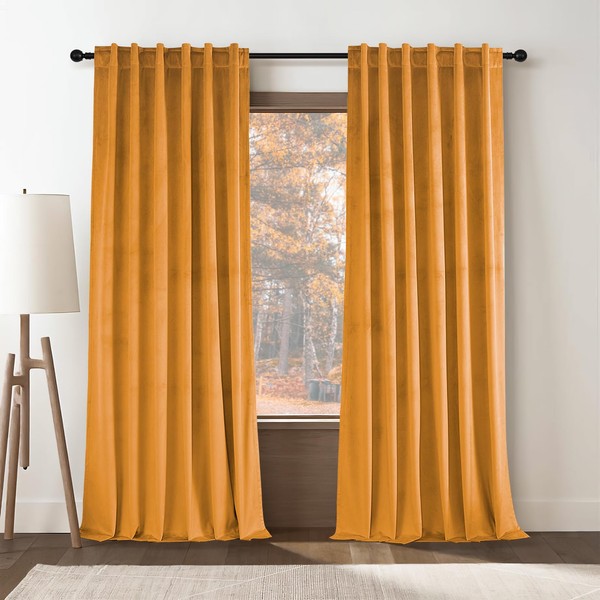 Topfinel Mustard Yellow Boho Velvet Curtains for Living Room 96 inches Long Heat Blocking Privacy Large Window Rod Pocket Back Tab Drapes for Bedroom/Sliding Glass Door, W52 by L96 inches, 2 Panels