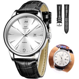 OLEVS Watches for Men Leather Watch Black Leather Watch White Face Waterproof Analog Quartz Mens Watches Minimalist Easy to Read Wrist Watches Reloj Hombre