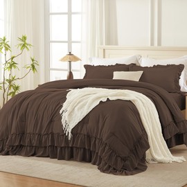 Andency Brown Queen Comforter Set (90x90Inch), 3 Pieces Lightweight Fluffy Ruffle Bedding Comforter Sets for Queen Bed, Farmhouse Shabby Chic Soft All Season Bed Set
