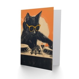 Artery8 Birthday Card DJ Decks Sunglasses Black Cat Lover For Him Man Male Dad Brother Son Papa Grandad Greeting Card
