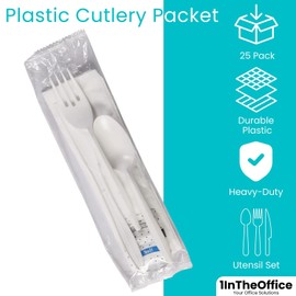 1InTheHome Plastic Utensils Individually Wrapped, Plastic Cutlery Packets, Spoons And Forks Set Disposable With Napkin Salt Pepper, 25 Pack