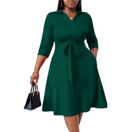 FANDEE Emerald Green Dress for Women Elegant Wrap Flared Midi Dress Wedding Guest Cocktail Tea Dresses A-line Swing V-Neck 3/4 Sleeve XL
