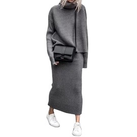 chouyatou Conjunto de 2 piezas de cuello alto para mujer, suéter de punto acanalado, falda de lápiz midi, Gris, S