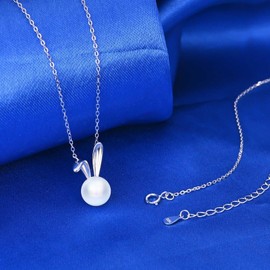 CPSLOVE Elegant Women's Sterling Silver Pearl Necklace 925 Silver Girls Creative Chains with Cute Rabbit Pendant, Sterling Silver Pearl, Pearl