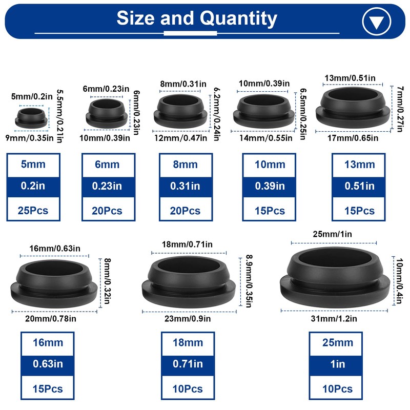 Tnisesm 130PCS 8 Sizes Black Rubber Plugs for Round Holes