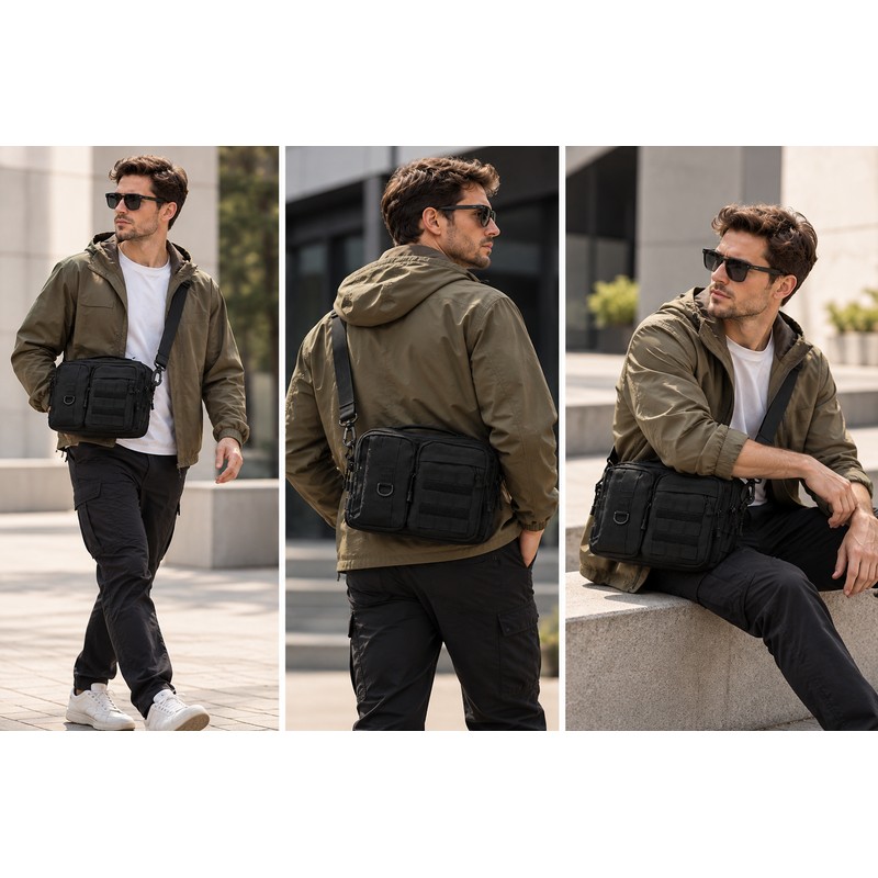 scione Tactical Crossbody Shoulder Bag with MOLLE Webbing, Black