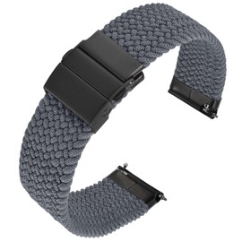 Anbeer Braided Nylon Watch Band Quick Release,18mm Stretchy Replacement Watch Strap,Grey with Black Double Push Button Folding Clasp