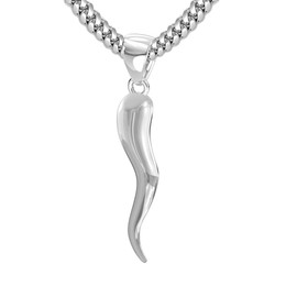 US Jewels Men's 925 Sterling Silver 26mm Italian Horn Good Luck Pendant 4.1mm Miami Cuban Necklace, 22in