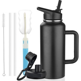 32oz Insulated Water Bottle with Handle, Stainless Steel Sports Metal Water Flask with Straw & 2 Leak Proof Lids, Double Walled Vacuum Wide Mouth Water Bottle for Travel, Camping, Gym Sports (Black)