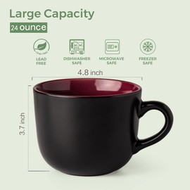 AmorArc 24 oz Soup Mugs with Handles, Jumbo Ceramic Bowls Mugs Set with handles for Coffee Cereal Cappuccino Snacks, Microwave&Dishwasher safe Soup Cups for Meal-Burgundy