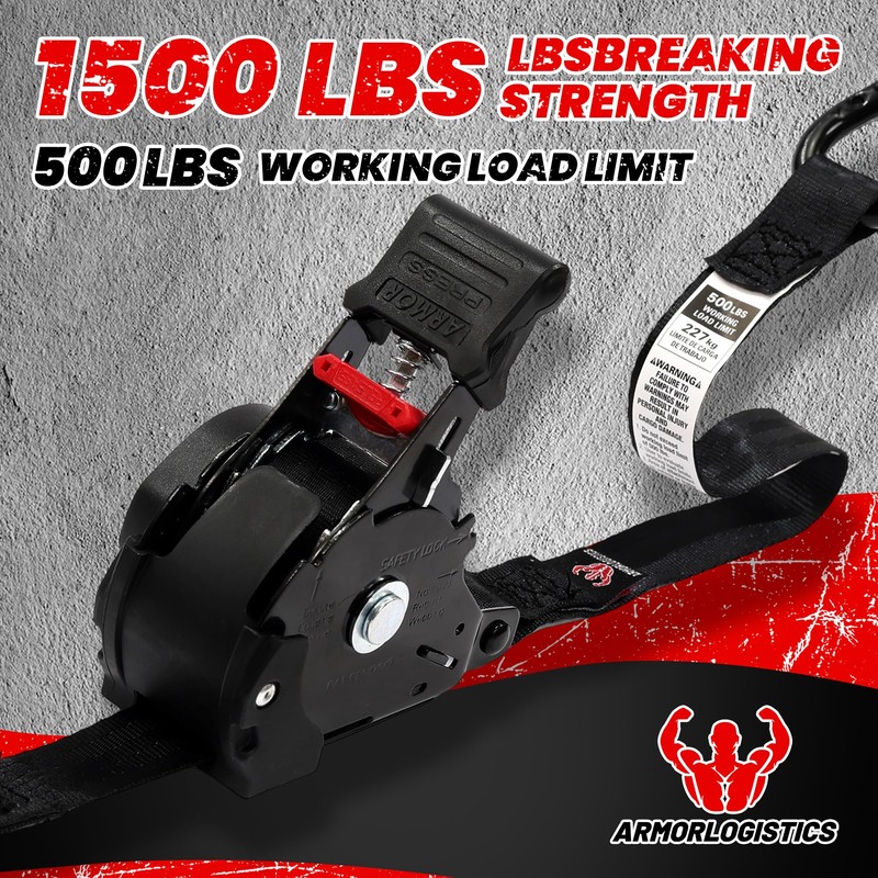 ARMORLOGISTICS Retractable Ratchet Straps 4 Pack, 1500LBS Break Strength Self
