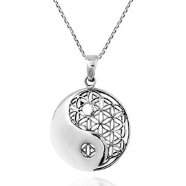 AeraVida Yin Yang Balance Flower of Life .925 Sterling Silver Pendant Necklace | Mystical Sterling Silver Symbolic Jewelry for Men and Women