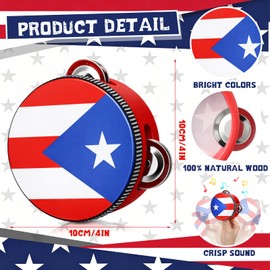 Nuanchu 12 Pack Puerto Rico Flag Tambourines 4 Inch Handheld Percussion Wood Frame Metal Jingles Mini Tambourine for Puerto Rican Festival Parrandas Three Kings Day Carnival Wedding Church Party Favor