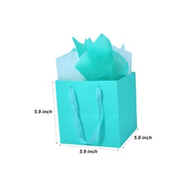 JUNESHE Teal Gift Bags with Handles &Tissue Paper, 2 Pack Teal Blue Paper Bags, 5.9x5.9x5.9 inch Square Gift Bags, Birthday, Wedding Kraft Bags Small Size