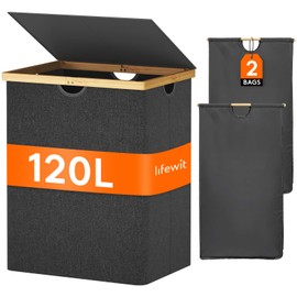 Lifewit 120L Double Laundry Hamper with Lid, Extra Large Bamboo Laundry Basket Dirty Clothes Hamper, 2 Section Laundry Bin Organizer for Laundry Room Bedroom with 2 Removable Liners & Bags, Dark Gray