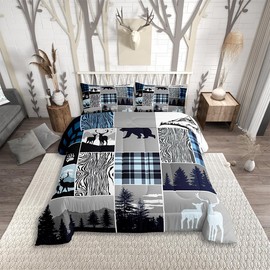 Kids Rustic Farmhouse Comforter Set Twin Size, Retro Woodland Moose Bedding Set Bear Deer Country Patchwork Quilt Hunting Wild Animal Christmas Adventure Duvet Insert with 1 Pillow Case, Blue