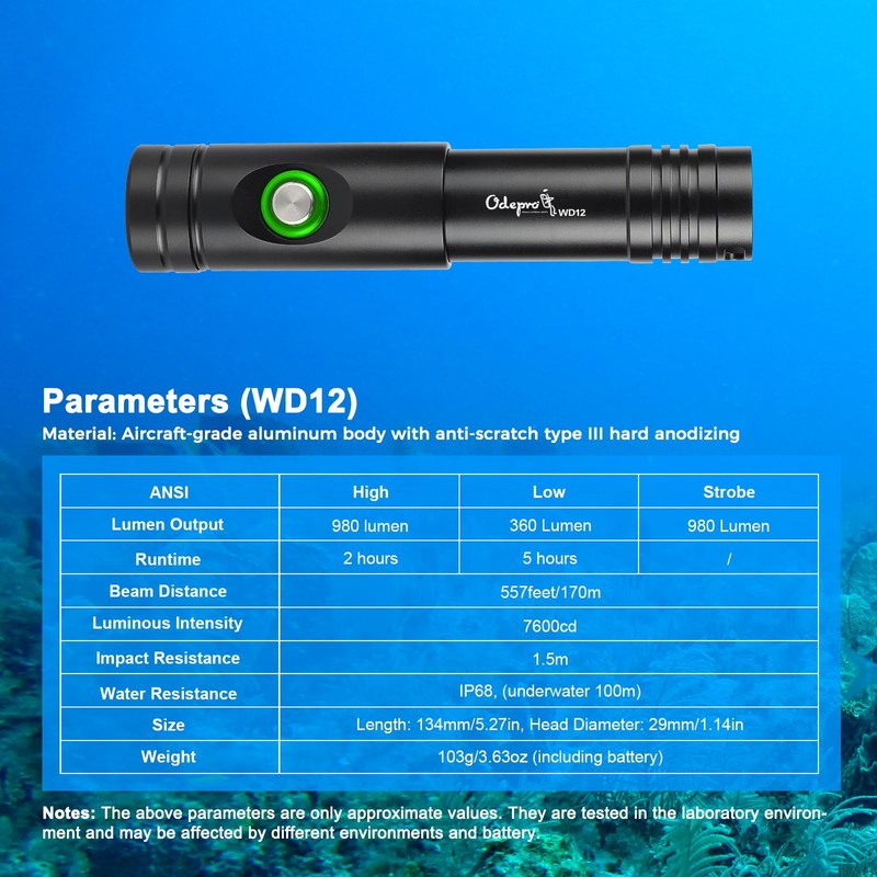 Odepro WD12 IPX8 Max 1050ルーメン ダイビングライト 水中ライト プロ仕様超高輝度 水中懐中電灯 IP68防水