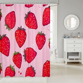 Girls Strawberry Bath Curtain Cute Cartoon Strawberry Kids Shower Curtain Kawaii Fruit Pattern Anime Decor Bathroom Shower Curtain Set Waterproof Nature Theme Kids Bathroom Accessories 72"x72"
