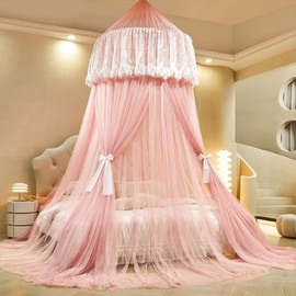 Vilemoon Bed Canopy for Girls & Adults, Round Dome Lace Princess Canopies Netting, Cute Double Layer Bed Canopy Drapes for Decoration, Playing,Reading,Sleepping (Pink)