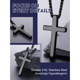 Bandmax Black Cross Chain for Men Stainless Steel Faith Cross Pendant Necklace for Women Boys Chain Necklace for Husband Boyfriend Christmas Easter Father's Day Gift