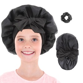 Kids Bonnet for Girls Satin Lined Hair Bonnets for Child Curly Natural Hair Double Layer Sleep Cap with Tie Band (US, Age, 3 Years, 12 Years, Kids Black)