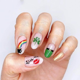 St. Patrick's Day Press on Nails Almond Medium Fake Nails Nails French Tip False Nails Green Clover and Ranbow Designs on Glossy Artificial Acrylic Nails Nail Decorations for Women Girls