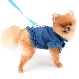 SMALLLEE_LUCKY_STORE Pet Denim Harness Vest Shirt with D-ring for Small Dogs Cats Girls Soft Comfort Ruffles Jean Jacket for Outdoor Walking Female Puppy Yorkie Chihuahua Summer Clothes, Dark Blue,XXL