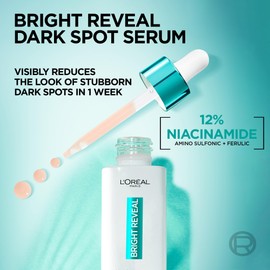 L'Oréal Paris Bright Reveal Dark Spot Face Serum, with 12% Niacinamide + Ferulic + Amino Sulfonic Acids, Reduces the Look of Stubborn Dark Spots, For All Skin Tones, Skincare, 30mL