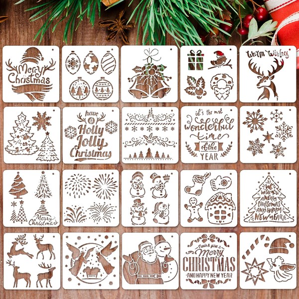 20Pcs Christmas Stencils for Painting, Reusable Christmas Template Stencil on Wood for Crafts Card Making, 5x5 Inch Xmas Happy New Year Window Door Spraying Journal DIY A3SDMB