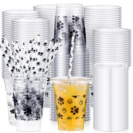 meekoo Dog Paw Plastic Cups, 12 oz, 50 Sets, Clear, Disposable, with Lids and Straws, for Parties and Celebrations